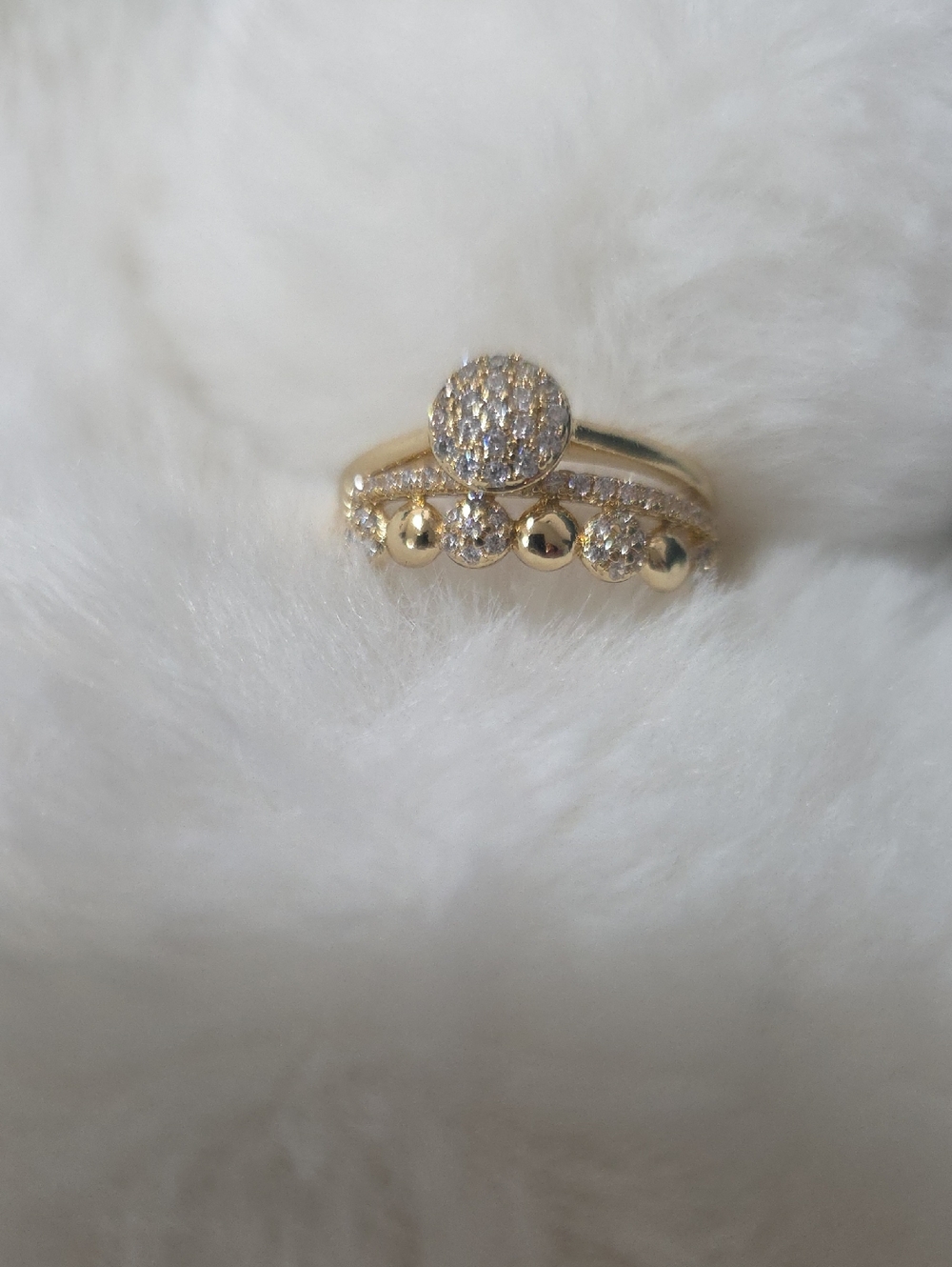 14k Gold Plated Pave Disc and Bead Stacking Ring - Women Jewelry